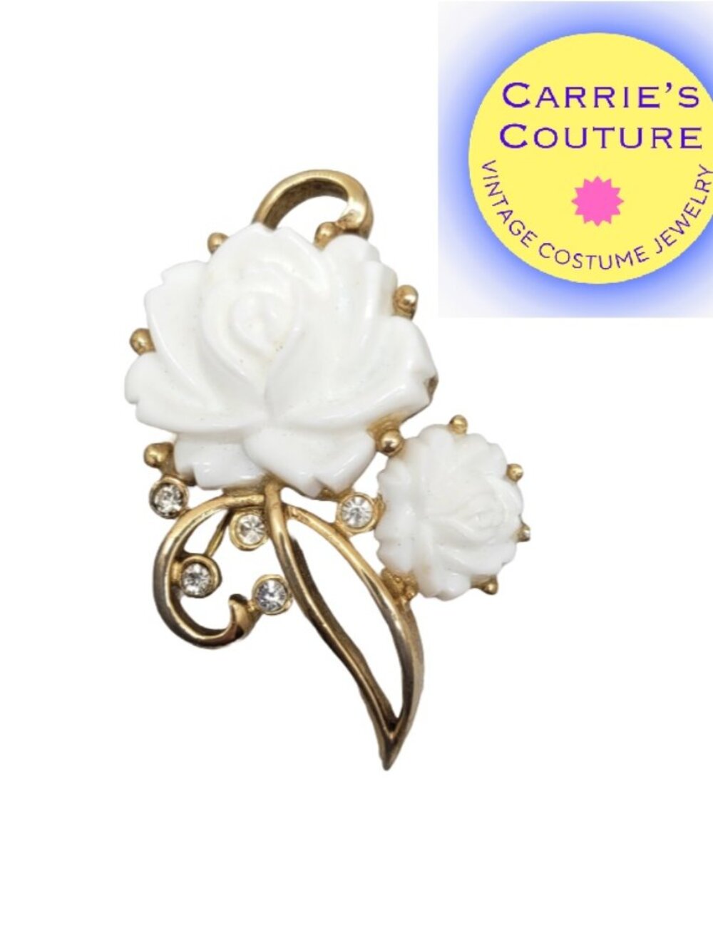 Vintage 1960s Signed Kramer Goldtone White Resin Rose & Clear Rhinestone Brooch